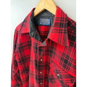1970's Pendleton Wool Plaid Flannel Trail Shirt Mens M Red Black Elbow Patches‎